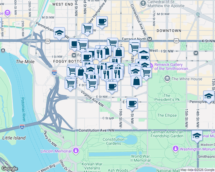 map of restaurants, bars, coffee shops, grocery stores, and more near 101 Independence Avenue Southeast in Washington