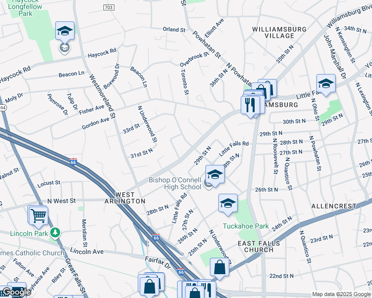 map of restaurants, bars, coffee shops, grocery stores, and more near 6603 Williamsburg Boulevard in Arlington