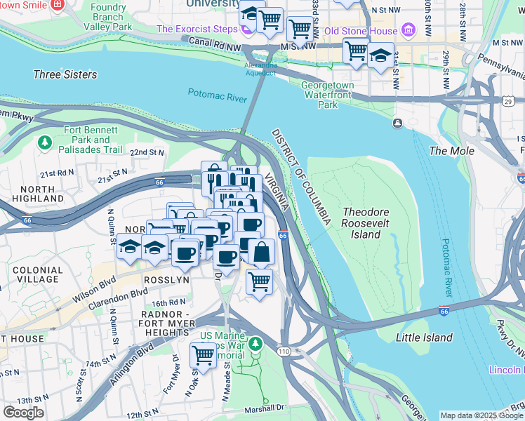 map of restaurants, bars, coffee shops, grocery stores, and more near 1001 19th Street North in Arlington