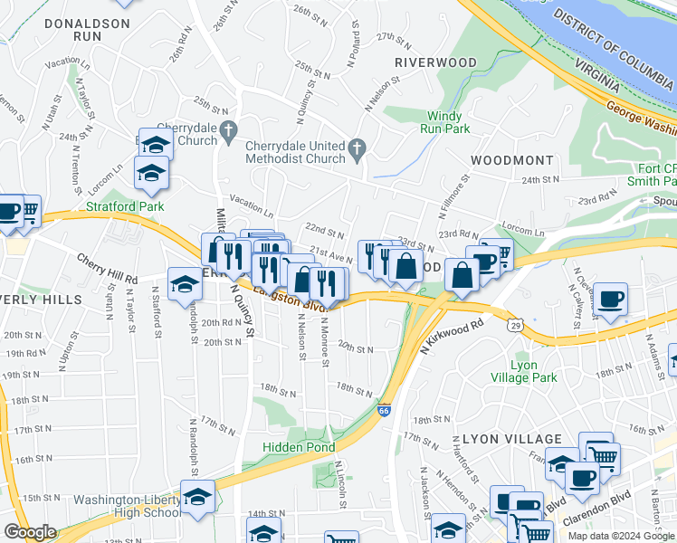 map of restaurants, bars, coffee shops, grocery stores, and more near 2131 North Monroe Street in Arlington