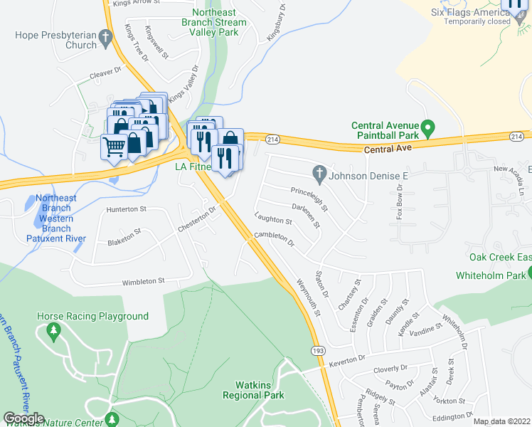 map of restaurants, bars, coffee shops, grocery stores, and more near 30 Laughton Street in Upper Marlboro