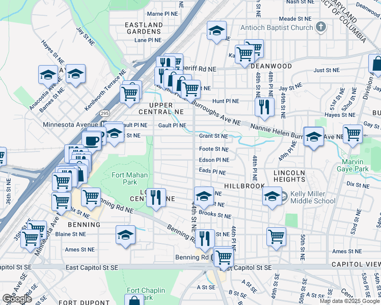 map of restaurants, bars, coffee shops, grocery stores, and more near 4275 Foote Street Northeast in Washington