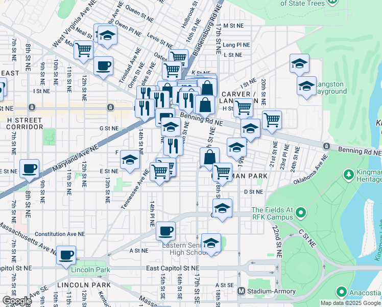map of restaurants, bars, coffee shops, grocery stores, and more near 1633 Rosedale Street Northeast in Washington