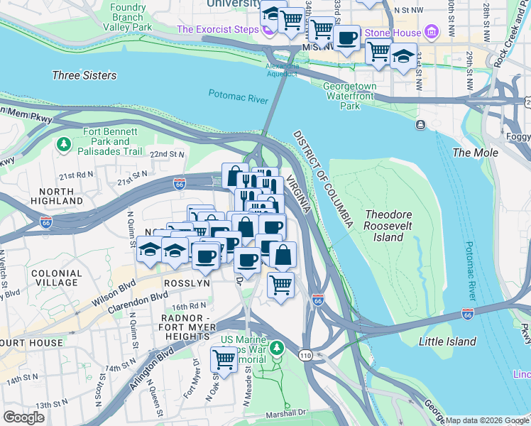 map of restaurants, bars, coffee shops, grocery stores, and more near 101 Independence Avenue Southeast in Washington