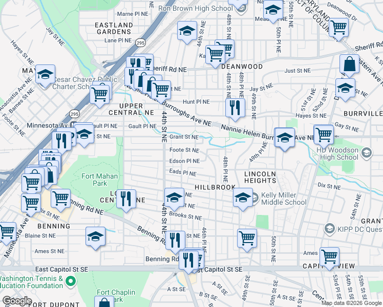 map of restaurants, bars, coffee shops, grocery stores, and more near 4523 Foote Street Northeast in Washington