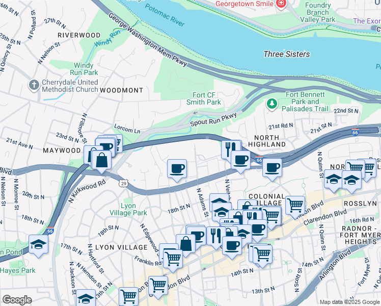 map of restaurants, bars, coffee shops, grocery stores, and more near 2016 North Adams Street in Arlington