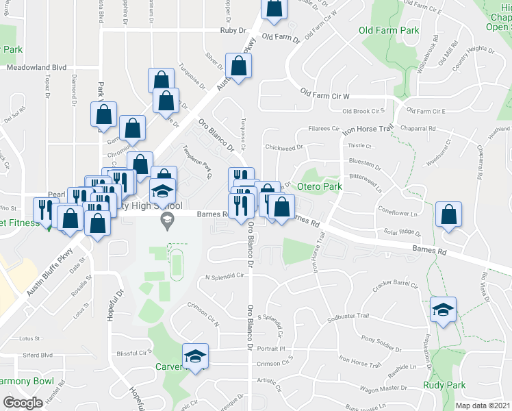 map of restaurants, bars, coffee shops, grocery stores, and more near 4841 Bluestem Drive in Colorado Springs