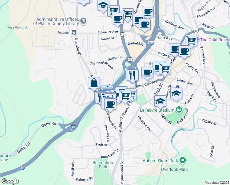 map of restaurants, bars, coffee shops, grocery stores, and more near 130 Maple Street in Auburn