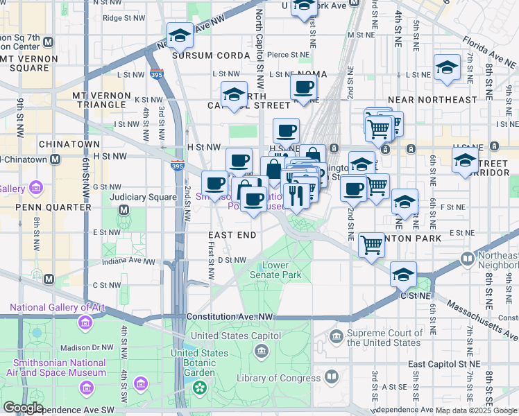 map of restaurants, bars, coffee shops, grocery stores, and more near 101 Independence Avenue Southeast in Washington