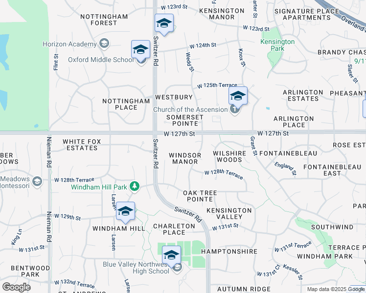 map of restaurants, bars, coffee shops, grocery stores, and more near 10101 West 127th Street in Overland Park