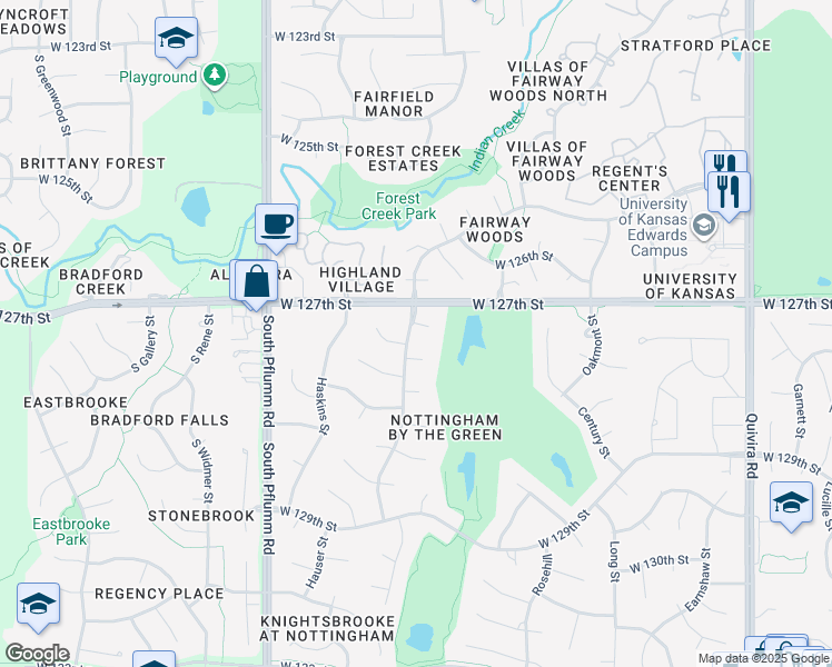 map of restaurants, bars, coffee shops, grocery stores, and more near 12700 Richards Street in Overland Park