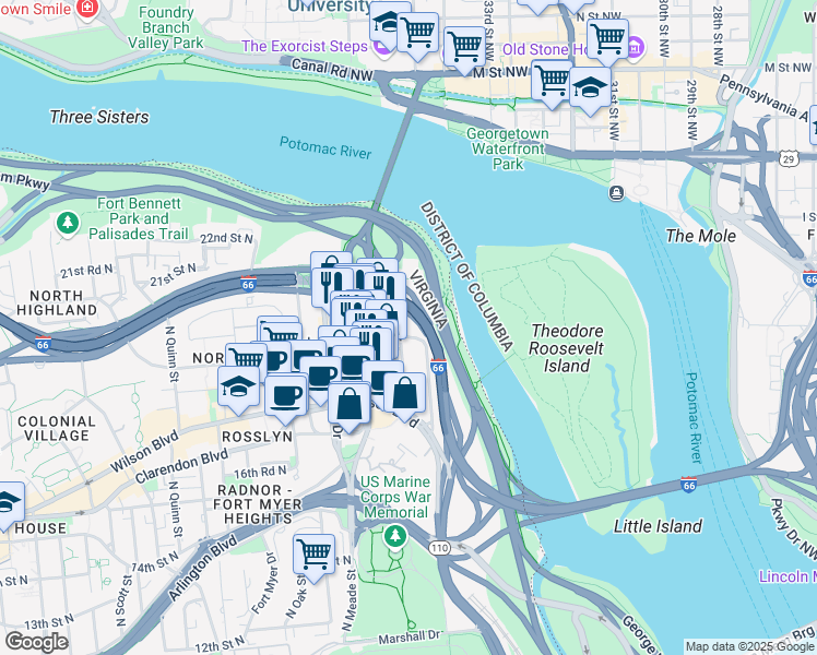 map of restaurants, bars, coffee shops, grocery stores, and more near 1001 19th Street North in Arlington