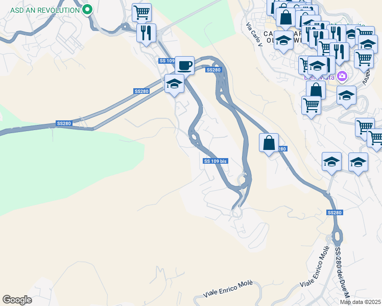 map of restaurants, bars, coffee shops, grocery stores, and more near 86 Viale Vincenzo de Filippis in Catanzaro