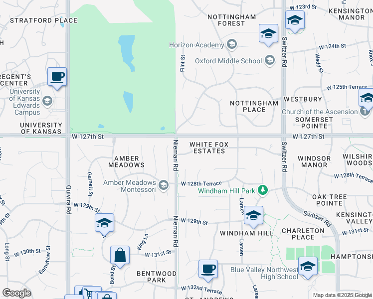 map of restaurants, bars, coffee shops, grocery stores, and more near 12745 Reeder Street in Overland Park