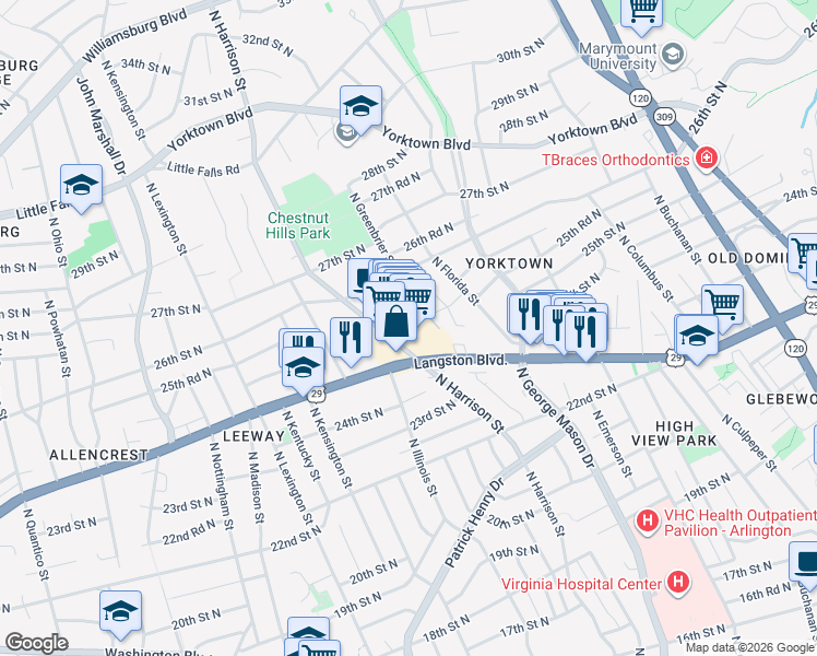map of restaurants, bars, coffee shops, grocery stores, and more near 2441 North Harrison Street in Arlington