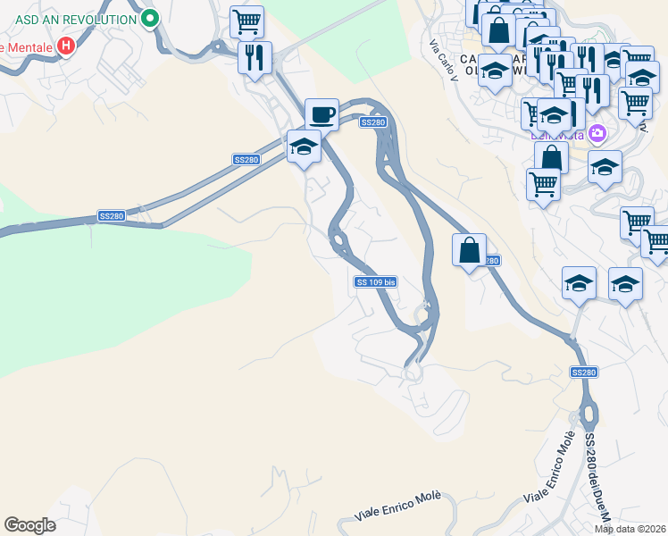 map of restaurants, bars, coffee shops, grocery stores, and more near 86 Viale Vincenzo de Filippis in Catanzaro