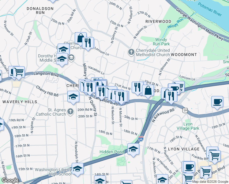 map of restaurants, bars, coffee shops, grocery stores, and more near 2118 North Monroe Street in Arlington