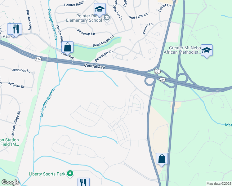 map of restaurants, bars, coffee shops, grocery stores, and more near While Away Drive in Bowie