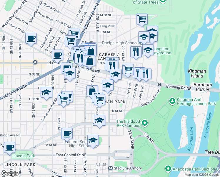 map of restaurants, bars, coffee shops, grocery stores, and more near 101 Independence Avenue Southeast in Washington