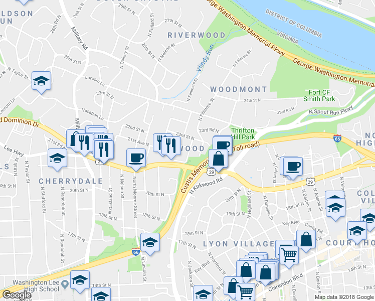 map of restaurants, bars, coffee shops, grocery stores, and more near 3200 22nd Street North in Arlington
