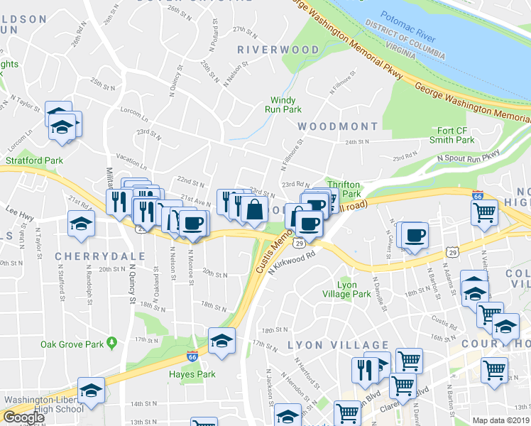 map of restaurants, bars, coffee shops, grocery stores, and more near 3200 22nd Street North in Arlington