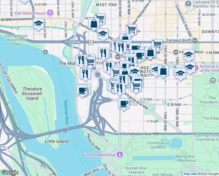 map of restaurants, bars, coffee shops, grocery stores, and more near 101 Independence Avenue Southeast in Washington