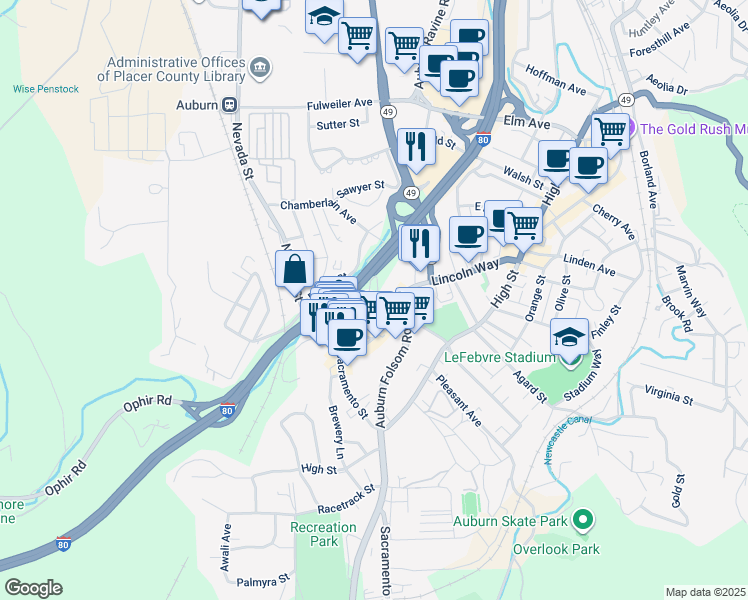 map of restaurants, bars, coffee shops, grocery stores, and more near 130 Maple Street in Auburn