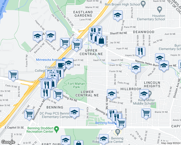 map of restaurants, bars, coffee shops, grocery stores, and more near 4203 Foote Street Northeast in Washington