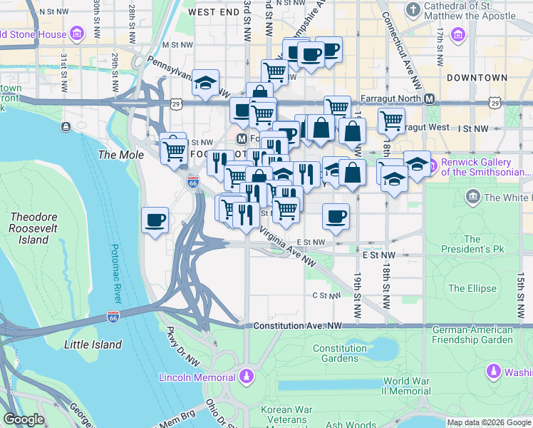map of restaurants, bars, coffee shops, grocery stores, and more near 101 Independence Avenue Southeast in Washington