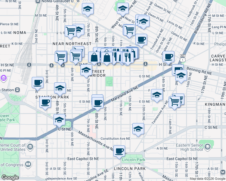 map of restaurants, bars, coffee shops, grocery stores, and more near F Street Northeast & 10th Street Northeast in Washington