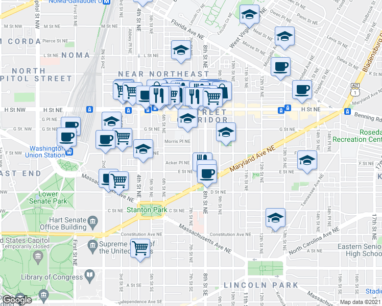 map of restaurants, bars, coffee shops, grocery stores, and more near F St NE & 7th St NE in Washington