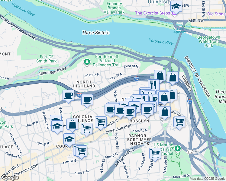 map of restaurants, bars, coffee shops, grocery stores, and more near 1900 North Quinn Street in Arlington