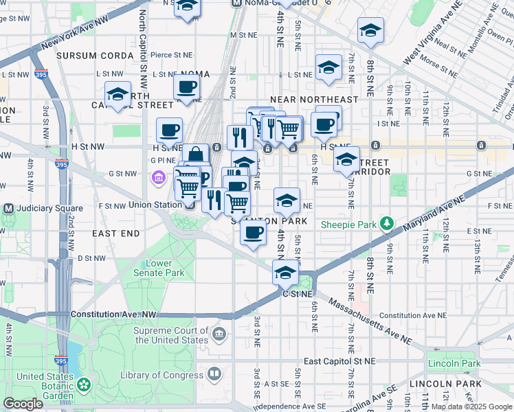 map of restaurants, bars, coffee shops, grocery stores, and more near F St NE & 3rd St NE in Washington