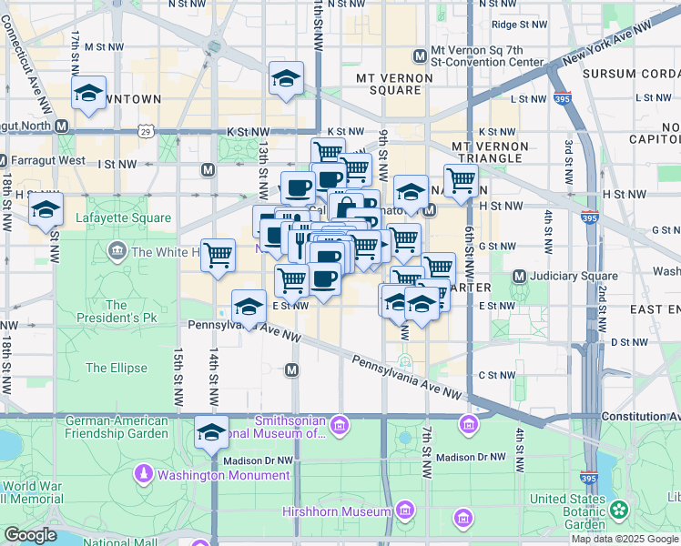 map of restaurants, bars, coffee shops, grocery stores, and more near 10th St NW & F St NW in Washington