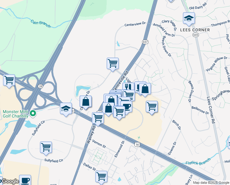 map of restaurants, bars, coffee shops, grocery stores, and more near 3850 Lightfoot Street in Chantilly
