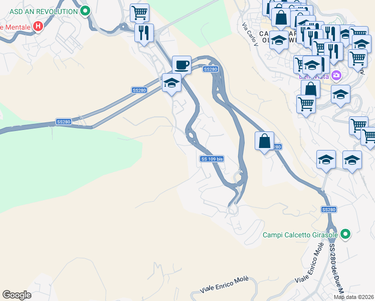 map of restaurants, bars, coffee shops, grocery stores, and more near 86 Viale Vincenzo de Filippis in Catanzaro