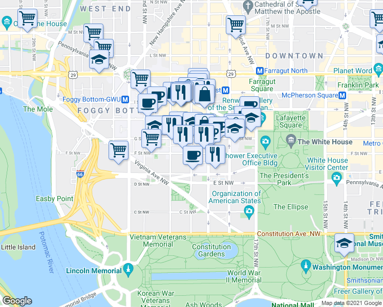 map of restaurants, bars, coffee shops, grocery stores, and more near 20th Street Northwest & F Street Northwest in Washington