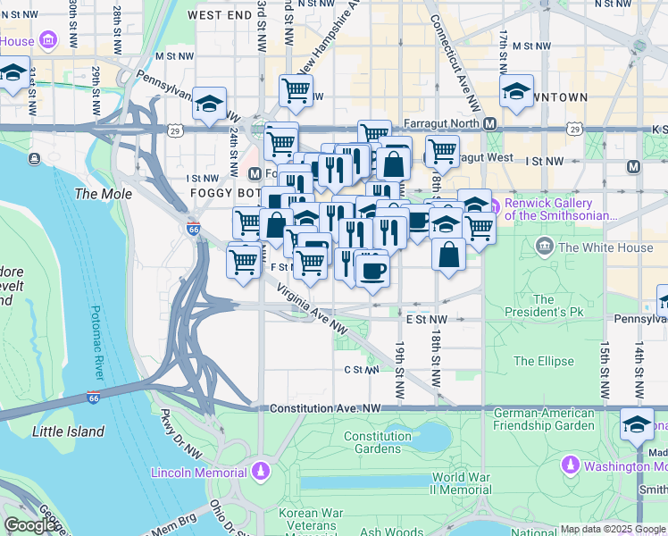 map of restaurants, bars, coffee shops, grocery stores, and more near 21st Street Northwest & F Street Northwest in Washington