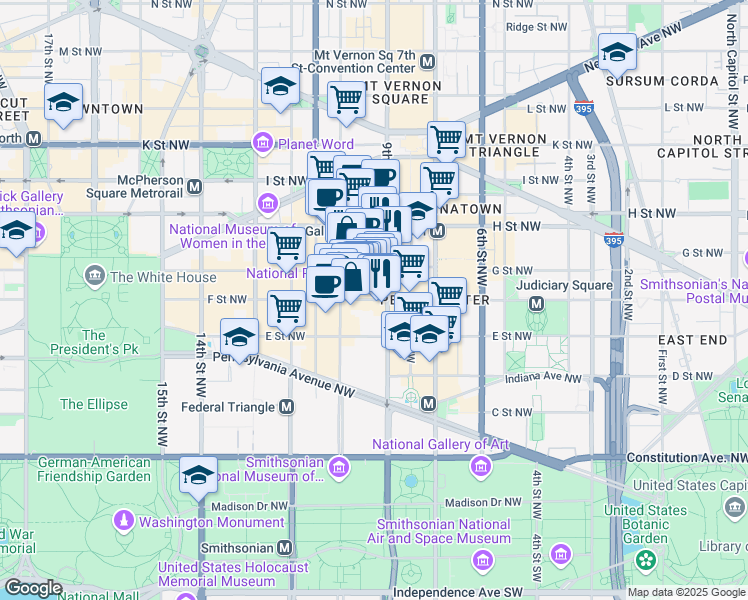 map of restaurants, bars, coffee shops, grocery stores, and more near 909 F Street Northwest in Washington