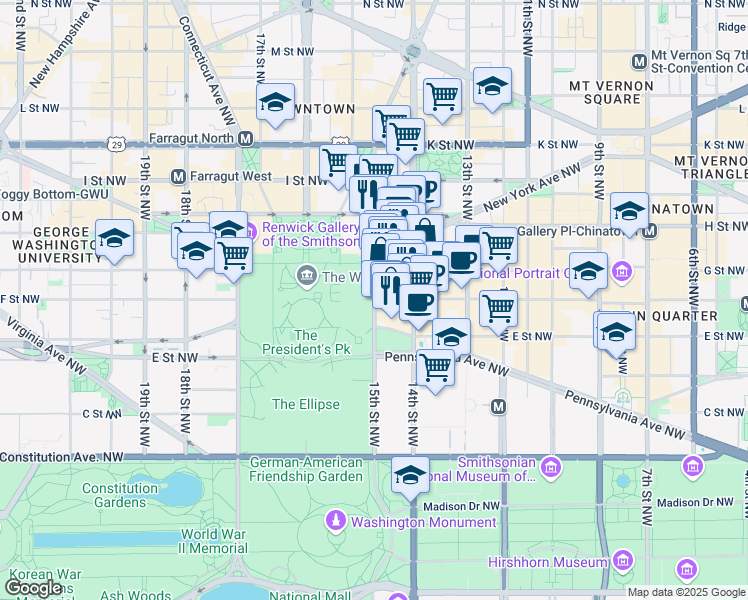 map of restaurants, bars, coffee shops, grocery stores, and more near 601 15th Street Northwest in Washington