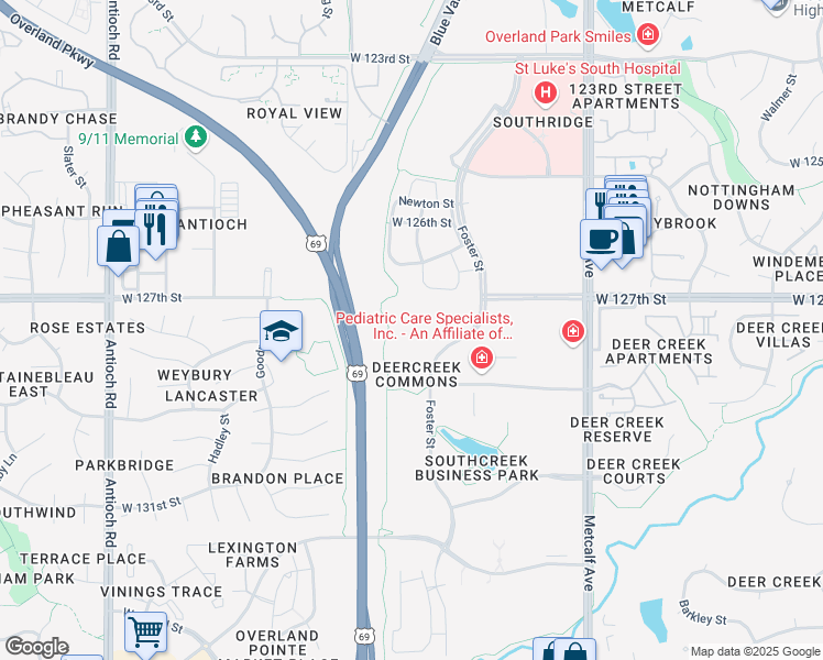map of restaurants, bars, coffee shops, grocery stores, and more near 12800 Foster Street in Overland Park