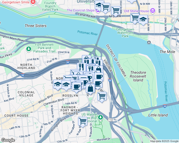 map of restaurants, bars, coffee shops, grocery stores, and more near North Moore Street in Arlington