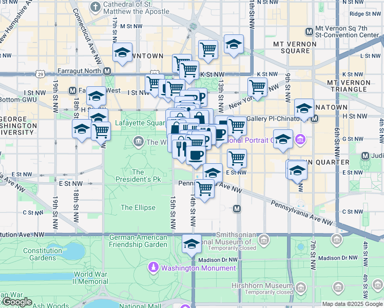map of restaurants, bars, coffee shops, grocery stores, and more near 600 14th Street Northwest in Washington
