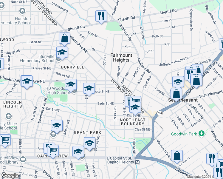map of restaurants, bars, coffee shops, grocery stores, and more near 5816 Foote Street Northeast in Washington