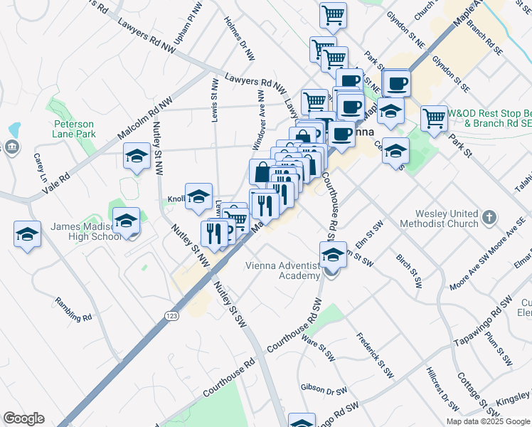 map of restaurants, bars, coffee shops, grocery stores, and more near 307 Maple Avenue West in Vienna