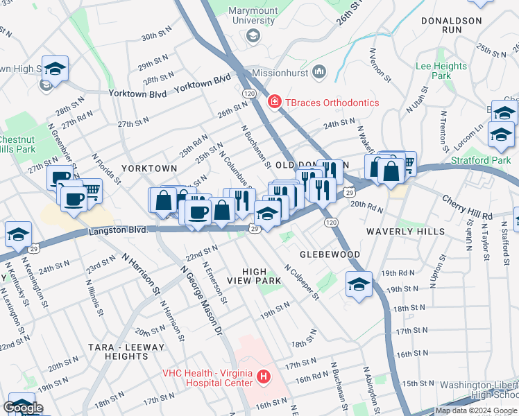 map of restaurants, bars, coffee shops, grocery stores, and more near 2238 North Columbus Street in Arlington