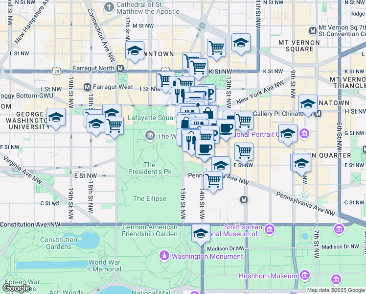 map of restaurants, bars, coffee shops, grocery stores, and more near 601 15th Street Northwest in Washington