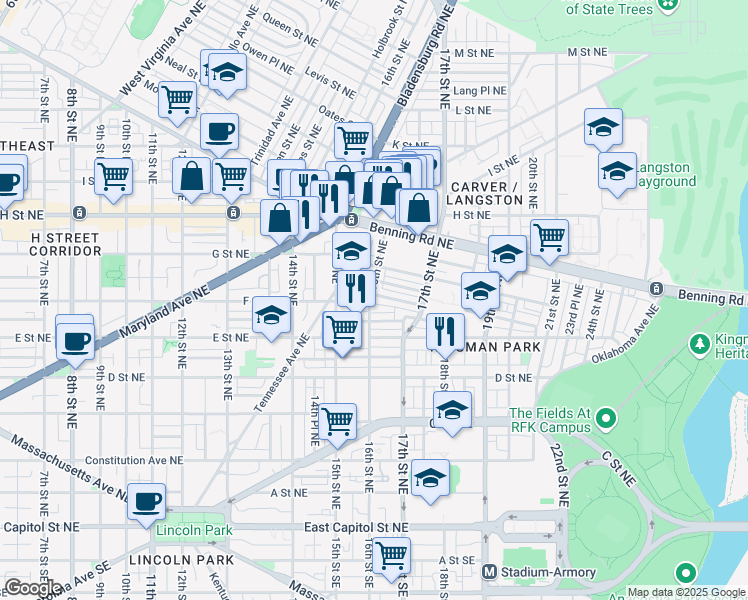 map of restaurants, bars, coffee shops, grocery stores, and more near 1603 Rosedale Street Northeast in Washington