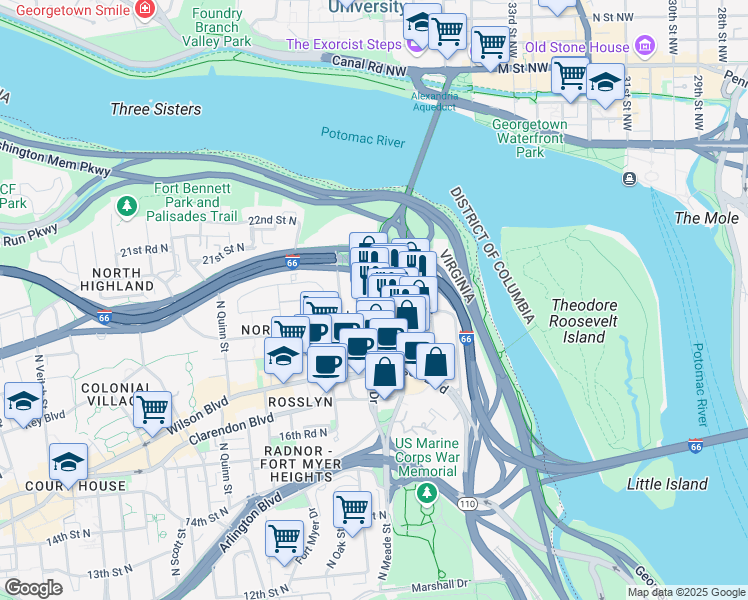 map of restaurants, bars, coffee shops, grocery stores, and more near 1901 North Fort Myer Drive in Arlington