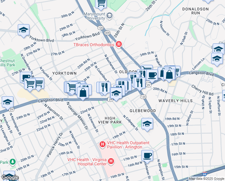 map of restaurants, bars, coffee shops, grocery stores, and more near 2238 North Columbus Street in Arlington